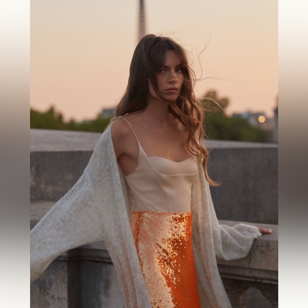 NWT By Anthropologie Sweetheart Sequin Orange Side Slit Dress Size Small